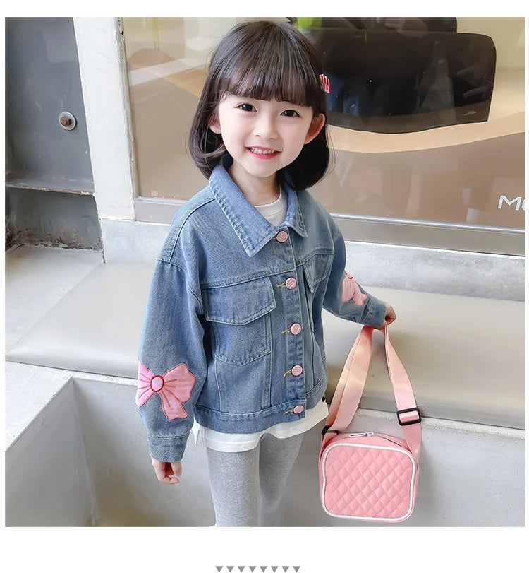 Lovely Style Babi Girls Casual Blue Denim Jacket Coat with Bow Embroidery Kids Child Fashion Spring Autumn Streetwear Outfit