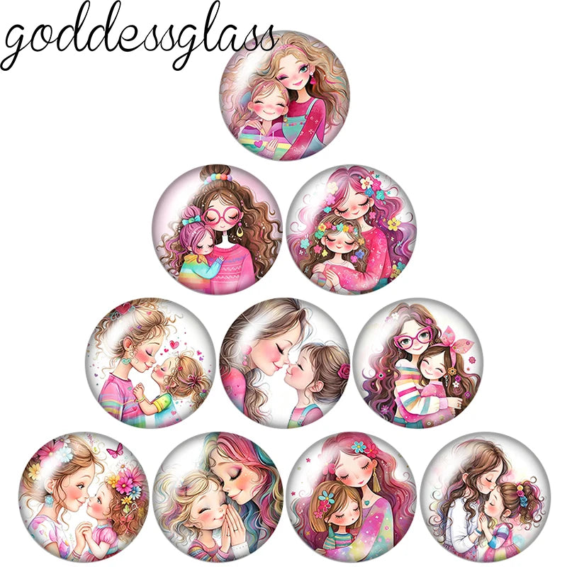 Mother's love Mom and Daughter Kiss 10pcs 12mm/20mm/25mm Round photo demo glass cabochon flat back Making fittings