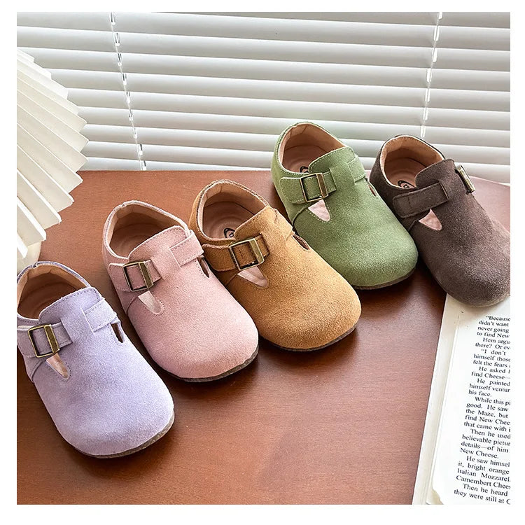Baby Single Leather Shoes Boys Girls Candy Color Spring Flats Children Metal Buckle Design Genuine Leather Flats For School
