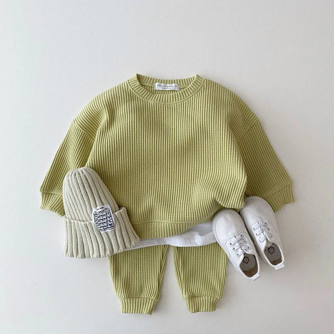 Baby Waffle Material Clothing Suit For Boys and Girls Sweatshirt+Trousers Two-piece Baby Clothing Suit for Spring and Autumn