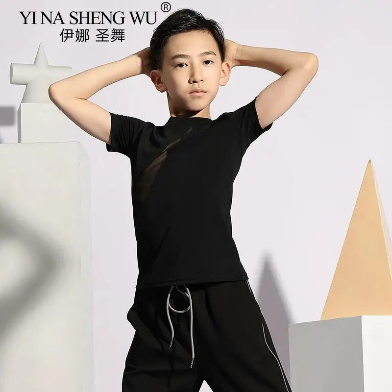 Boys Latin Dance Costume Short Sleeve Top Kids Latin Dancing Shirts Competition Performance Wear Samba Salsa Practice Clothing