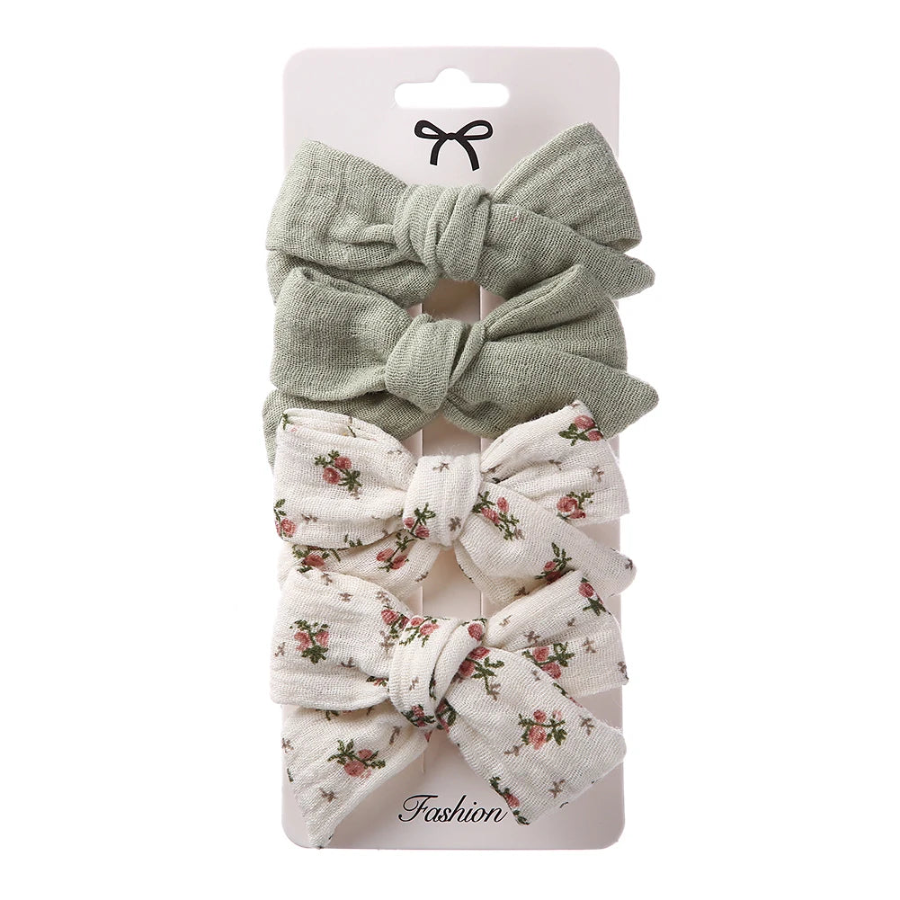 4Pcs/Set Baby Bows Hair Clips Muslin Girls Hairpins Hairclip For Kids Cotton Linen Barrette Flower Print Side Pin  Accessories